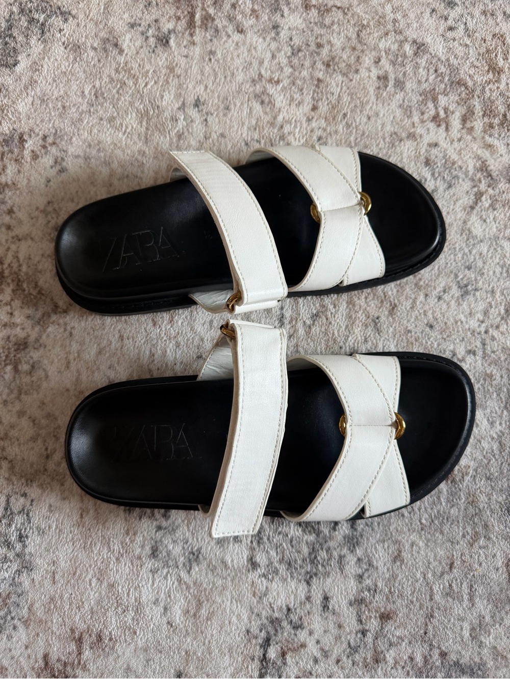 Zara White Dual-Strap Slide Sandals with Gold Accent